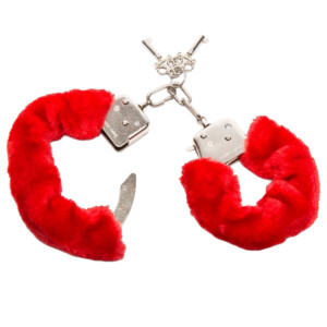 Red fluffy handcuffs with keys