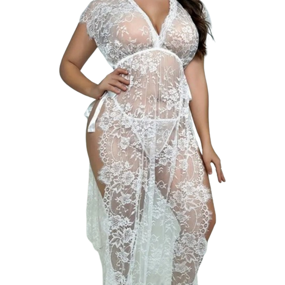 Women's Plus Size Lace V Neck Cover Up Dress with Thong Lingerie Set - White  - Romantic Depot | Adult Sex Toy Superstore