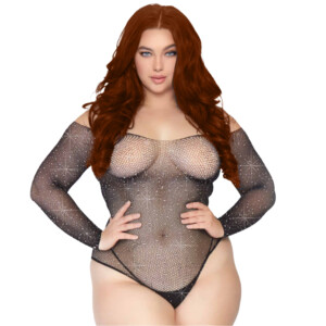 Women's Plus Size Rhinestone Fishnet Bodysuit with Snap Crotch - Black