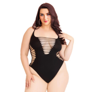 Women's Plus Size Strappy Shredded Racerback Thong Bodysuit - Black