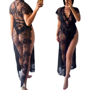 Women's Plus Size Sexy Lace Long Maxi Dress Beach Coverup - Black