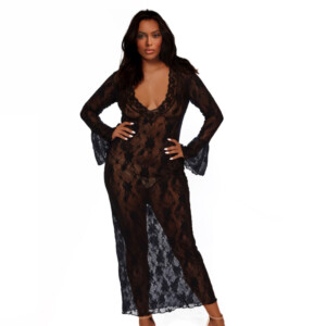 Women's Plus Size Sexy Long Lace Robe with Scalloped Trim - Black