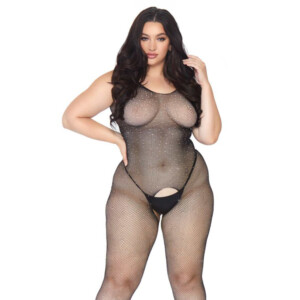 Women's Plus Size Crystal Queen Rhinestone Fishnet Bodystocking - Black