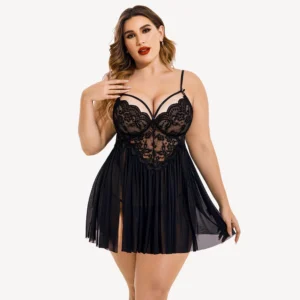Women's Plus Size V Neck Lace and Mesh Side Slit Babydoll - Black