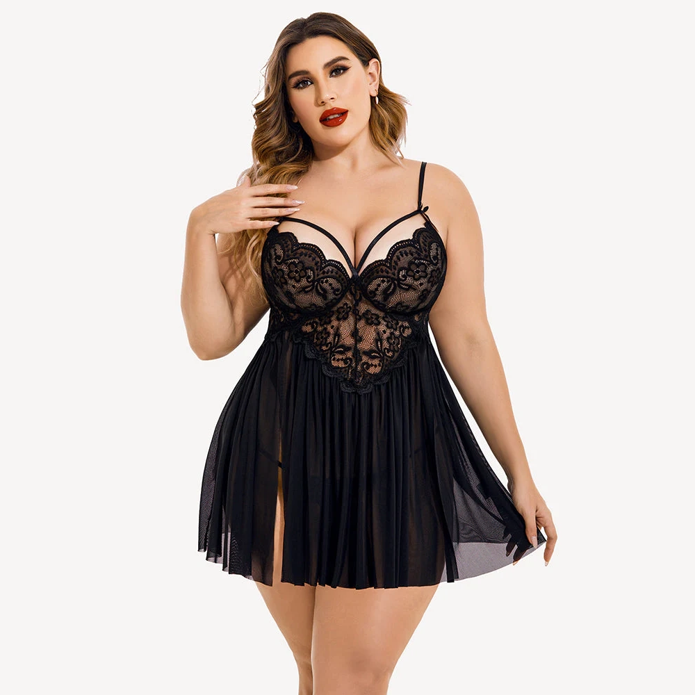 Women's Plus Size V Neck Lace and Mesh Side Slit Babydoll - Black -  Romantic Depot | Adult Sex Toy Superstore