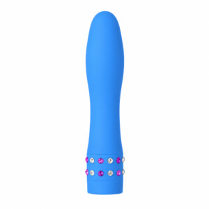 Blue jeweled silicone personal massager on white background