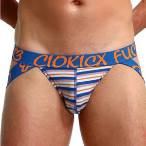 Ciokick Men's "FUCK" Striped Jock Strap - Blue, Orange, and White - Medium