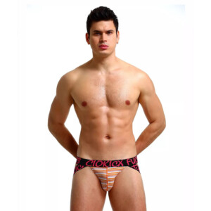 Ciokick Men's "FUCK" Striped Jock Strap - Orange, Red and Black - Medium