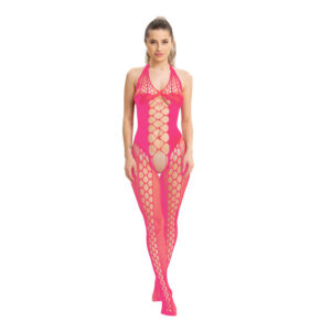 Criss Cross Fishnet V-Neck Bodystocking - Neon Pink - OS
