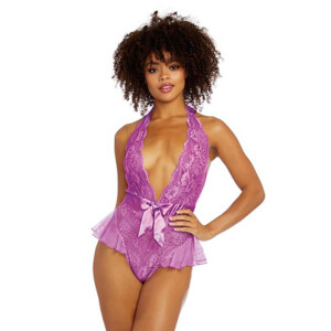Lilac Lace Crotchless Plunge Neck Lace Teddy - OS