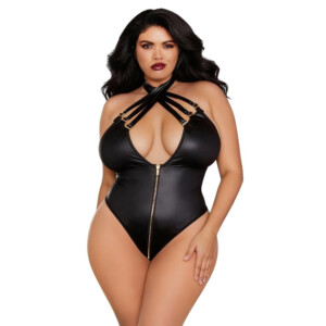 Woman in black zippered bodysuit with strappy design.