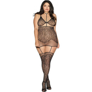 Women's Sheer Floral Lace Garter Skirt with Detachable Bra - Queen Size