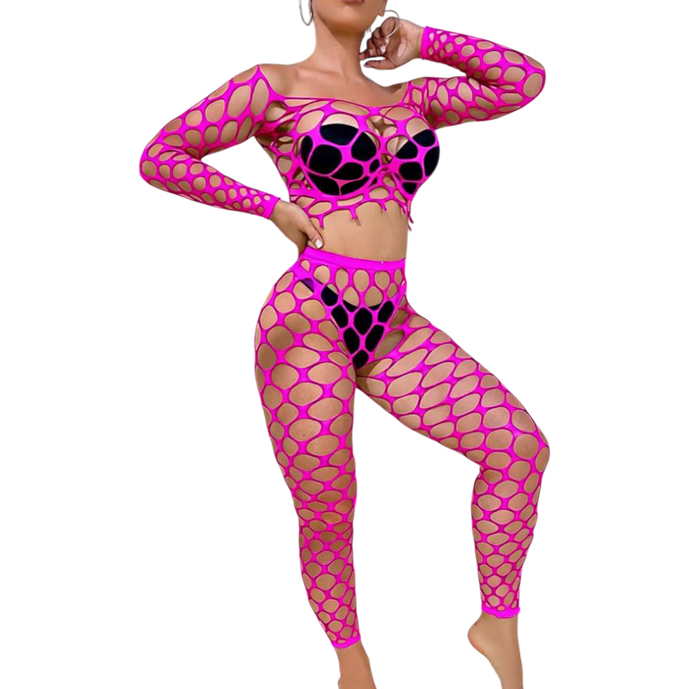 Pink mesh outfit with black accents.