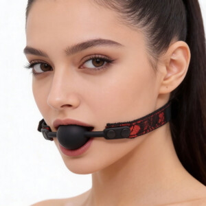 Person wearing a lace-up ball gag.