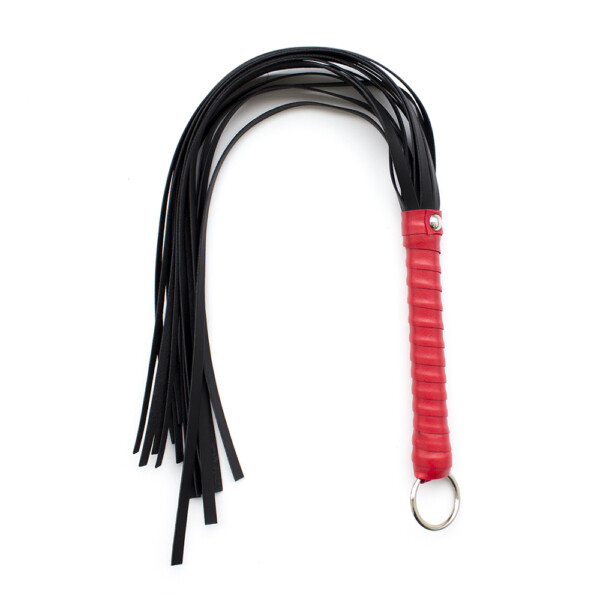 Elite BDSM Black Flogger with Red Handle and Metal Ring