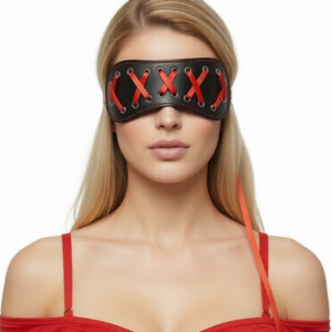 Woman wearing a black and red blindfold