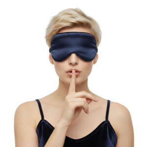 Woman wearing sleep mask and shushing