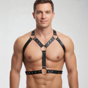 Man wearing black leather harness, studio backdrop.