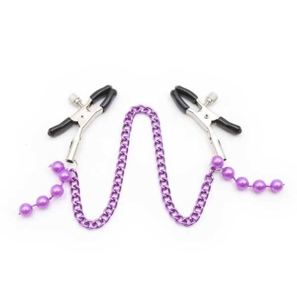 Elite BDSM Adjustable Metal Nipple Clamps with Purple Chain and Pearls