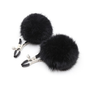 Elite BDSM Furry Pom Pom Nipple Clamps - Black