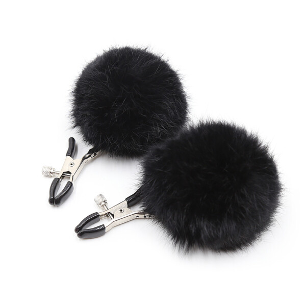 Elite BDSM Furry Pom Pom Nipple Clamps - Black