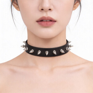 Woman wearing spiked black leather choker necklace.