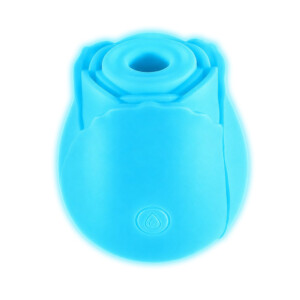 Blue collapsible silicone water bottle rolled up
