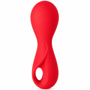 Red curved silicone handheld massager on white background
