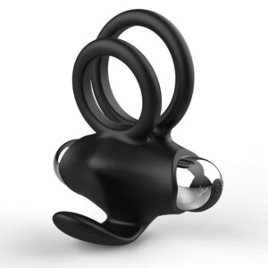 Black dual-ring silicone wearable vibrator with base