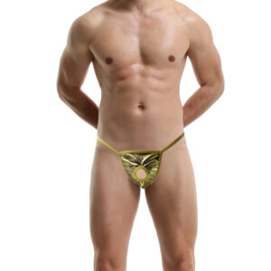 Elite Sexy Crotchless G-String T-Back Thong for Men - Gold Lamé - O/S
