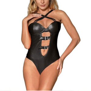 Faux Leather One Piece bodysuit with Buckles