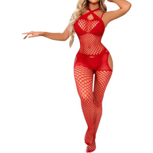 Fierce Red Fishnet Lingerie Bodysuit - Women's See Through Mesh Bodystocking - OS