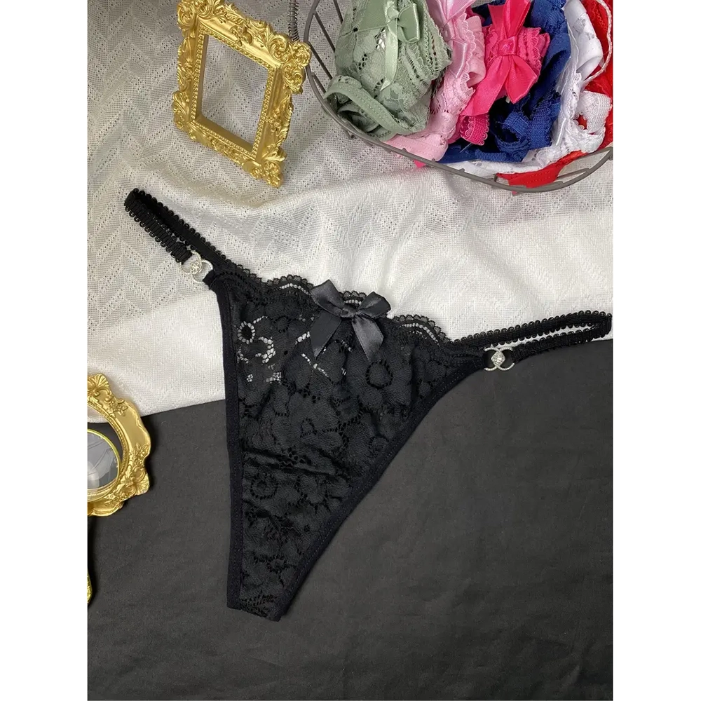 Floral Lace Black Bow Tie G-String Thong Panty - Medium