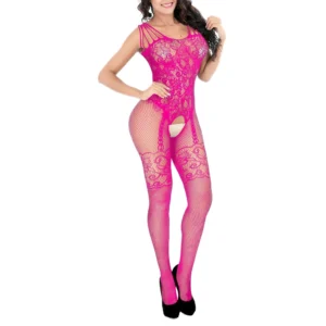 Hot Pink Crotchless Criss Cross Neck Body Stocking - OS