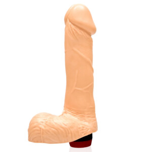 Realistic skin-tone dildo on white background