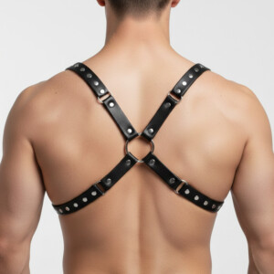 Person wearing black leather harness