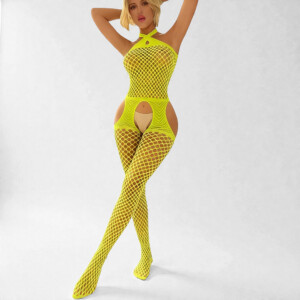 Model in neon green fishnet bodysuit posing elegantly.