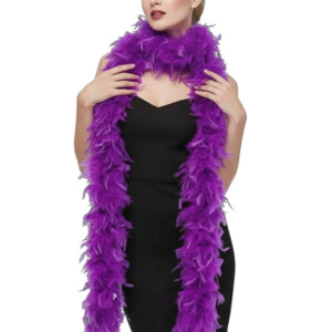 Woman wearing purple feathered boa scarf