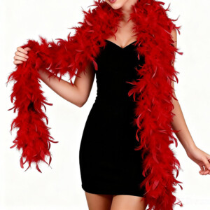 Woman in black dress with red feather boa