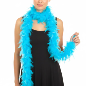 Person wearing blue feather boa on black dress.