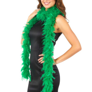 Woman wearing green feather boa and black dress.