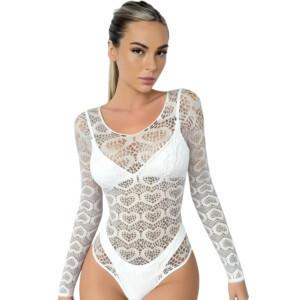 Woman in white lace bodysuit, elegant pose