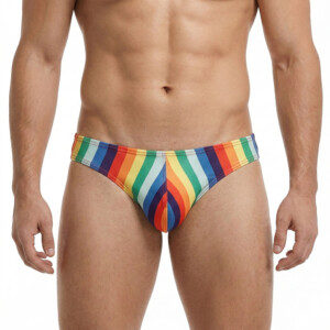 Man wearing rainbow striped swim briefs