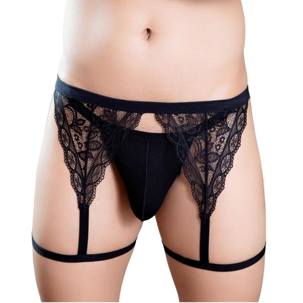 Men's Lingerie Lace Trim Thong with Garter Belt T-Back Underwear - Black -  Large - Romantic Depot