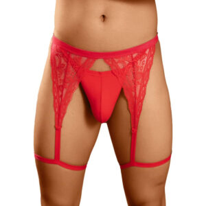 Men's Lingerie Lace Trim Thong with Garter Belt T-Back Underwear - Red - Large
