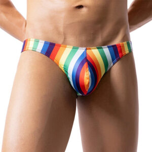 Rainbow-striped men's swim briefs.