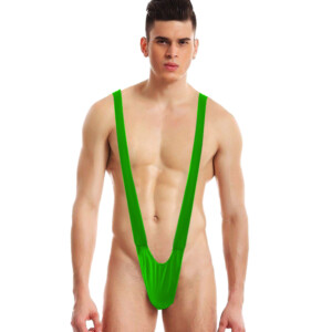 Man wearing green one-piece swimsuit.