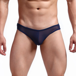 Male model wearing navy blue sheer briefs