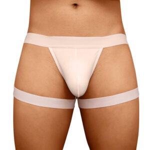 Men's white jockstrap underwear front view.