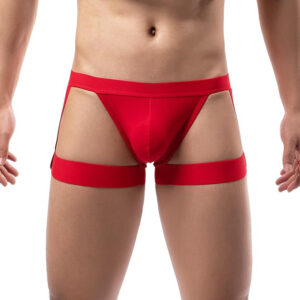 Man wearing red strappy underwear.